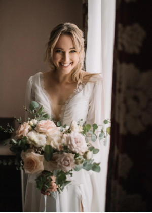 Long Sleeves Ivory Lace Chiffon Slit Wedding Dress